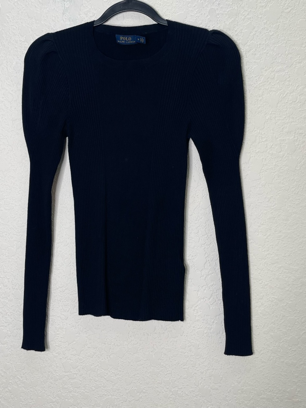 Polo Ralph Lauren Womens M Black Ribbed Puff Sleeve Sweater Ornate Gold Buttons